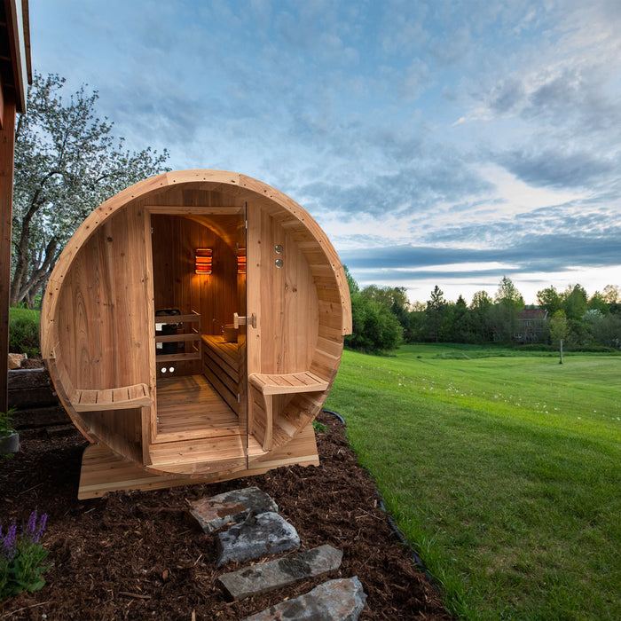 ALEKO Outdoor Rustic Cedar Barrel Steam Sauna - Front Porch Canopy - UL Certified - 3-4 Person